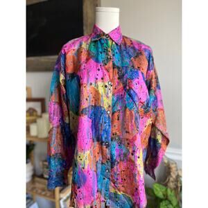 Vintage 80s NWT Colorful Silk Blouse Paint Spatter Artist Size Medium